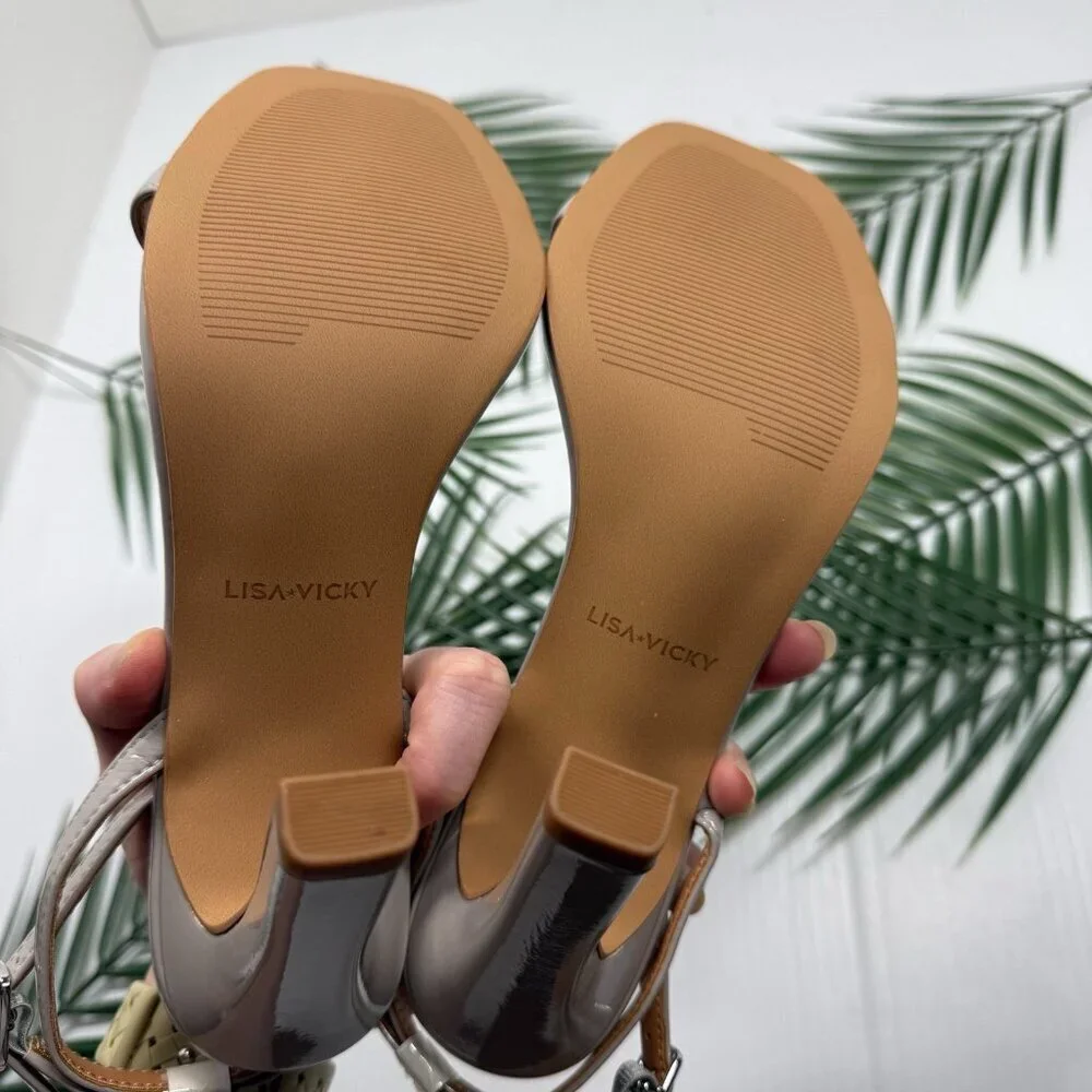 Lisa Vicky Grace Block Heel Sandals Nude Patent Sz 8.5 NWB Strappy Square Toe - Picture 9 of 12